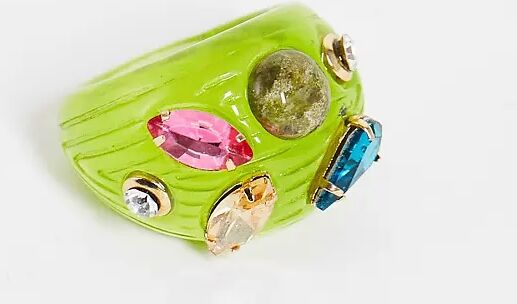 DesignB London Curve DesignB Curve ridged resin ring with crystal embellishment in lime-Green  Green