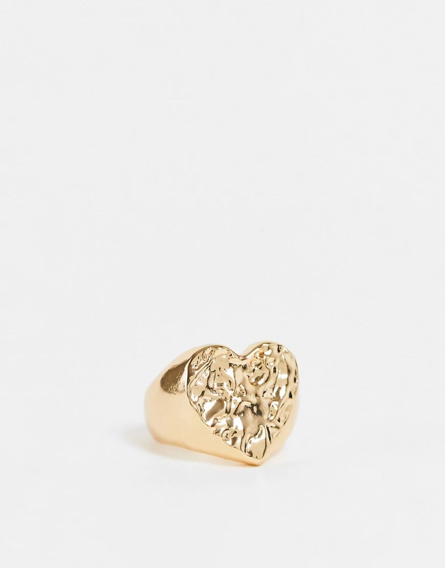 DesignB London chunky hammered heart signet ring in gold  Gold