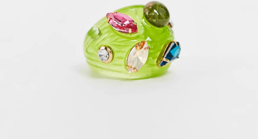 DesignB London ridged resin ring with crystal embellishment in lime-Green  Green