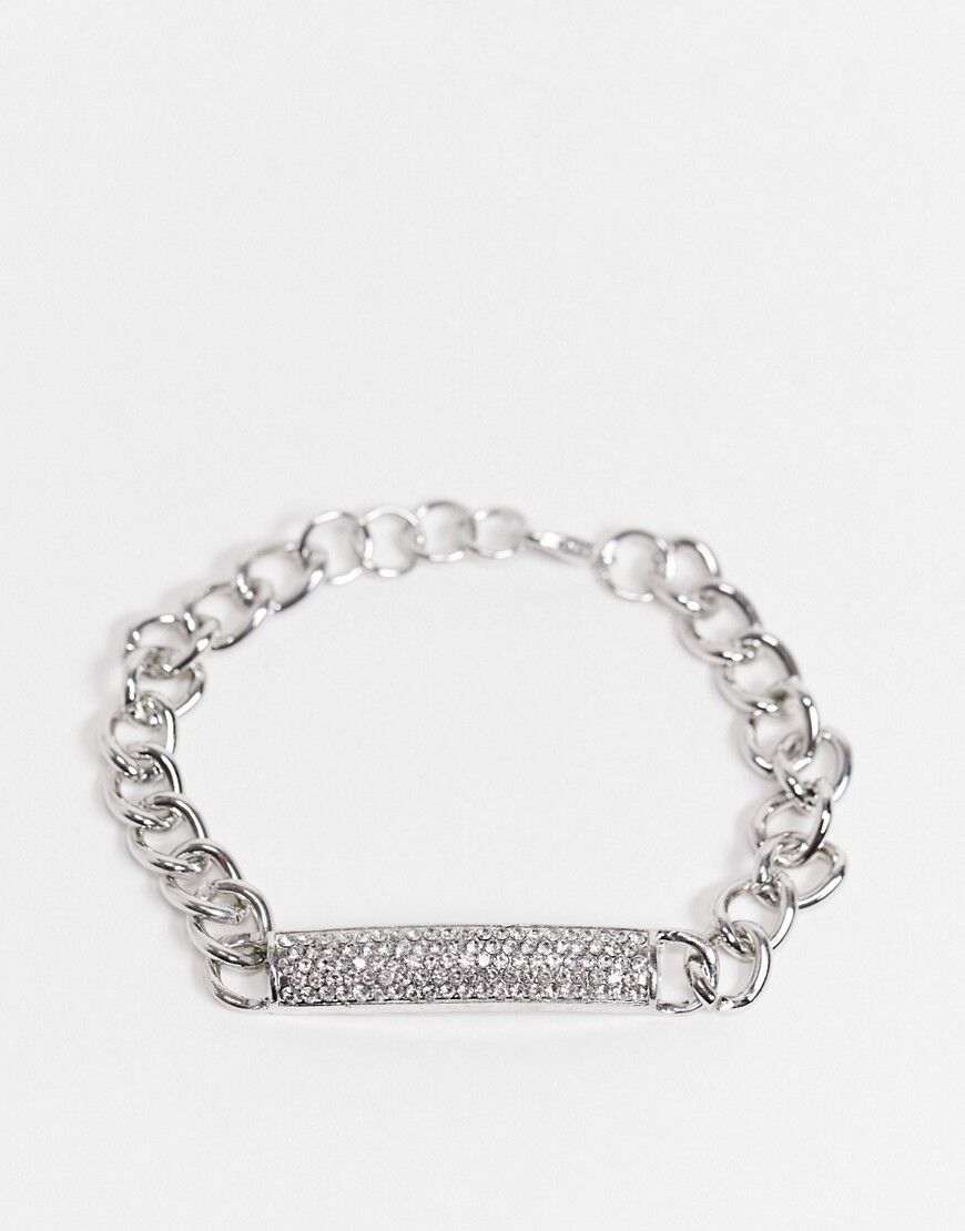 EGO chunky chain bracelet with diamante ID tag in silver  Silver