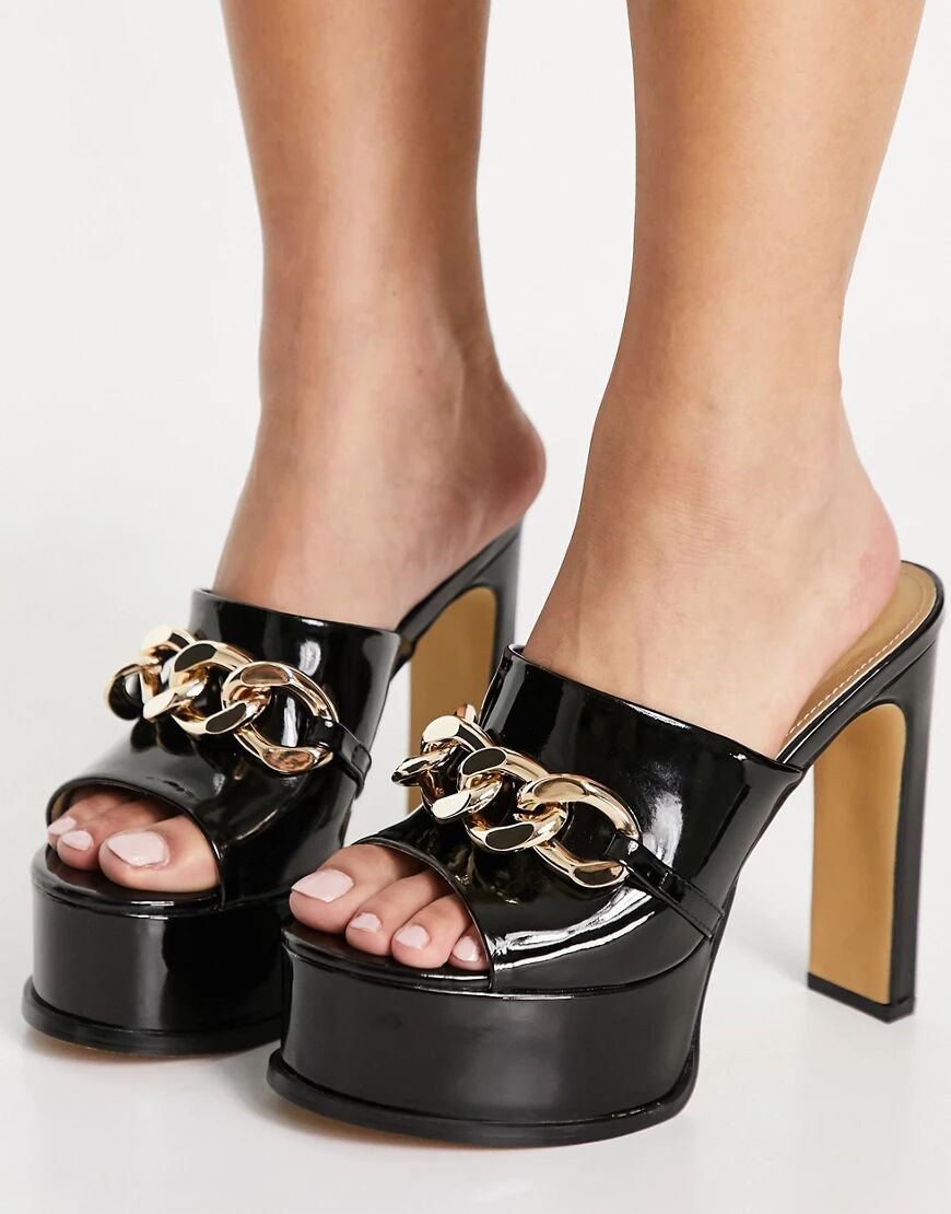 EGO No chill heeled mules with gold chain in black patent  Black