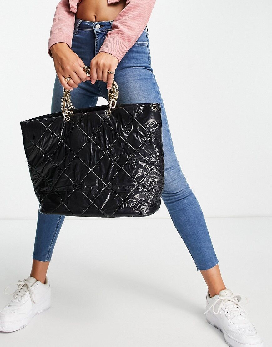 Ego quilted tote bag with chunky chain handle in black patent  Black