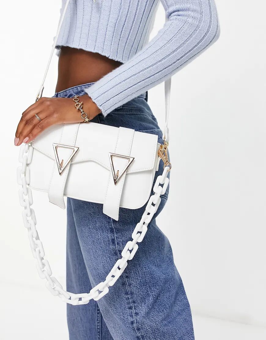 Glamorous foldover bag with double buckle detail and resin chain in white  White