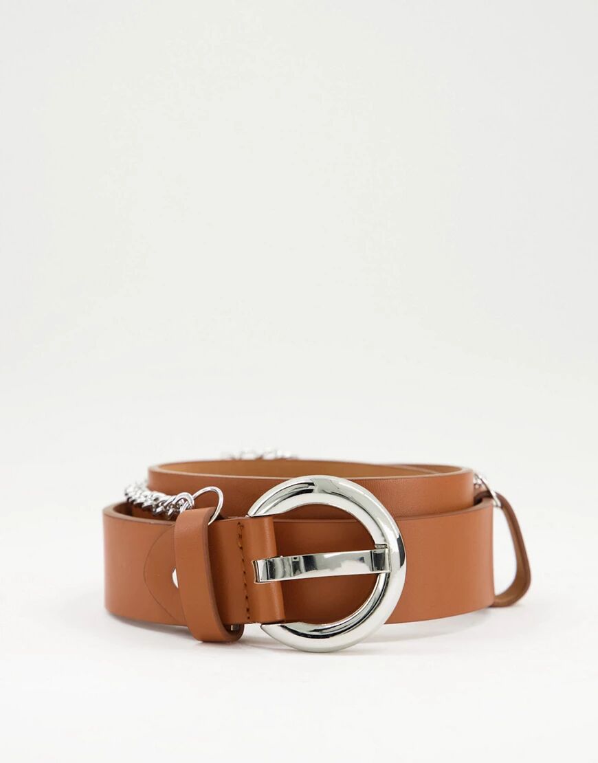 Glamorous waist & hip belt with silver chain in recycled tan PU-Brown  Brown
