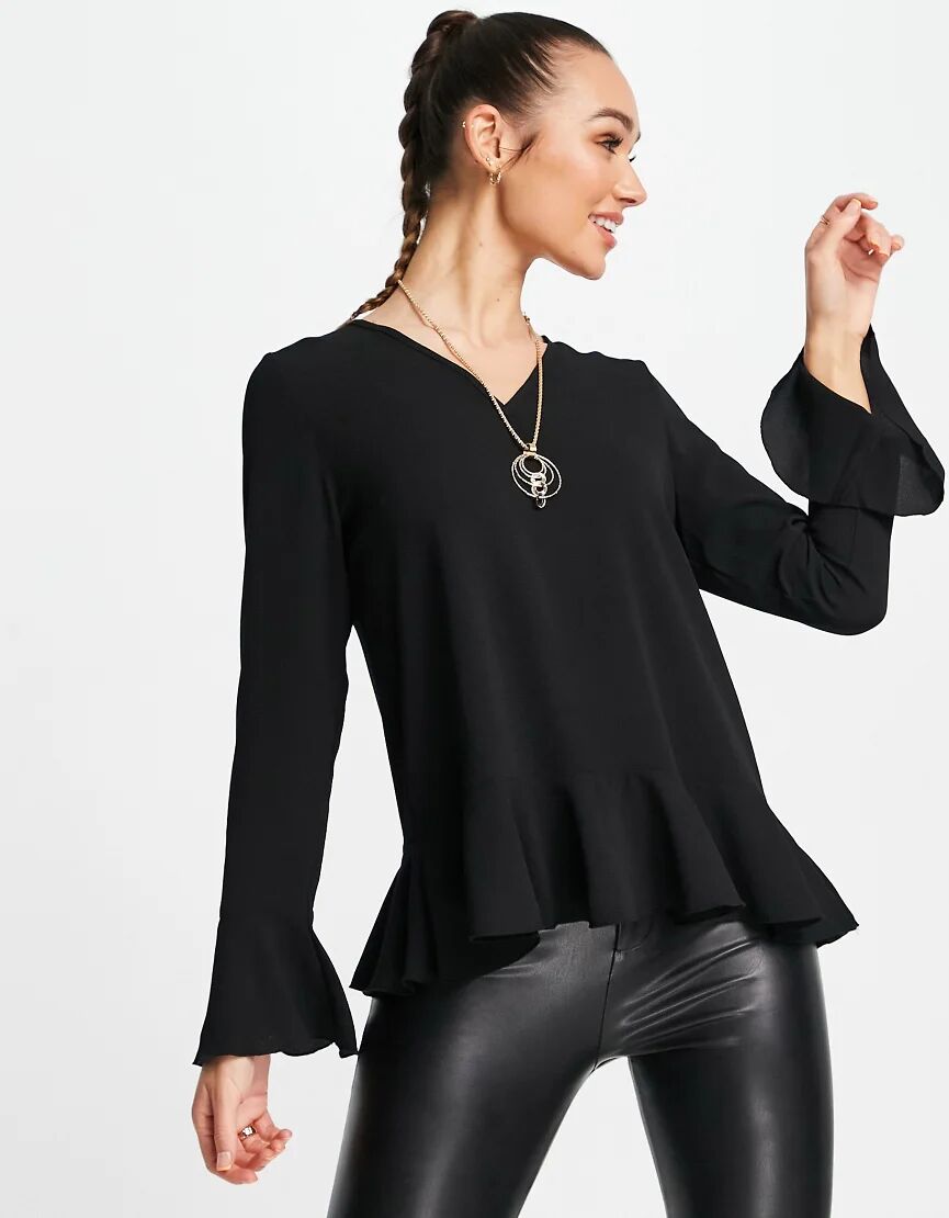 Little Mistress chain detail frill top in black  Black