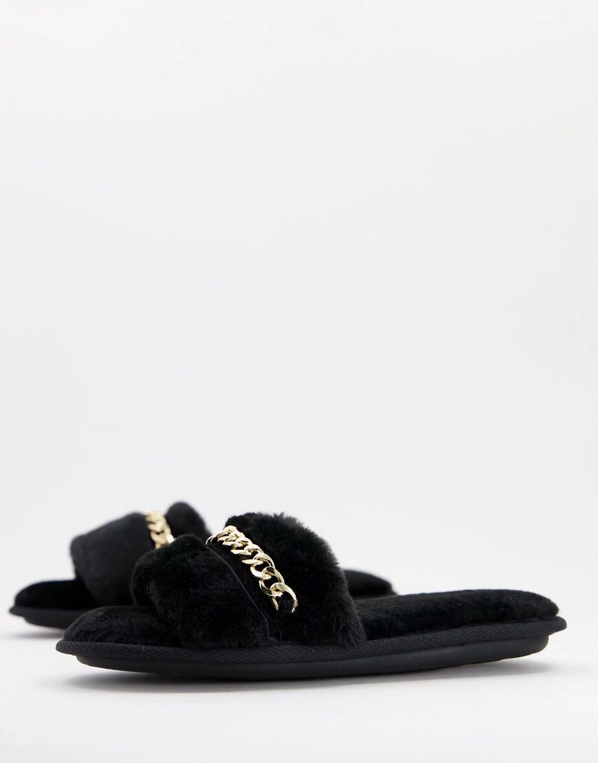 New Look chain detail fluffy slider slipper in black  Black