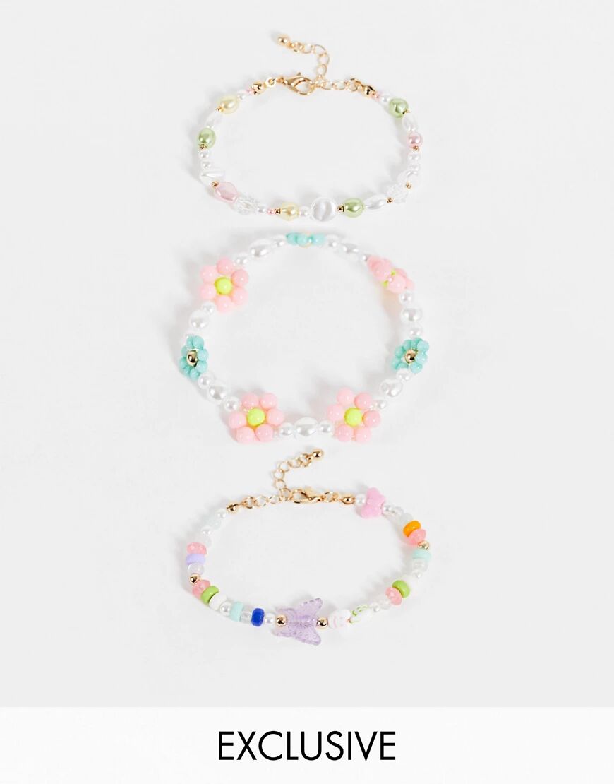 Reclaimed vintage inspired bracelets in 90's flower beads 3 pack-Gold  Gold