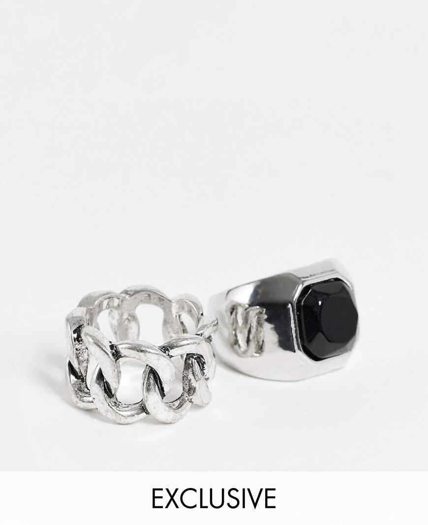 Reclaimed vintage inspired chunky chain and black stone rings 2 pack in silver  Silver