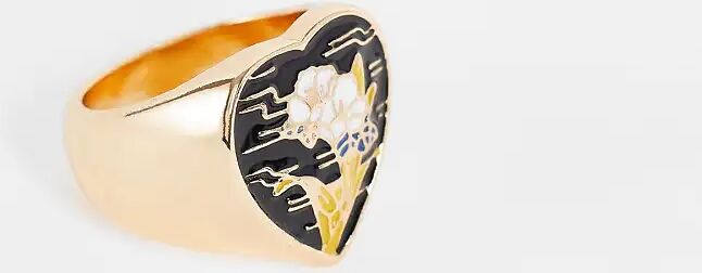 Reclaimed Vintage inspired heart signet ring with flower enamel in gold  Gold