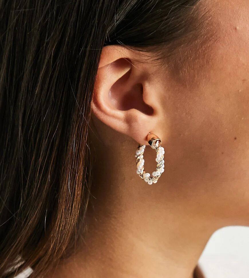 Reclaimed Vintage inspired hoop earrings in gold and faux pearl  Gold