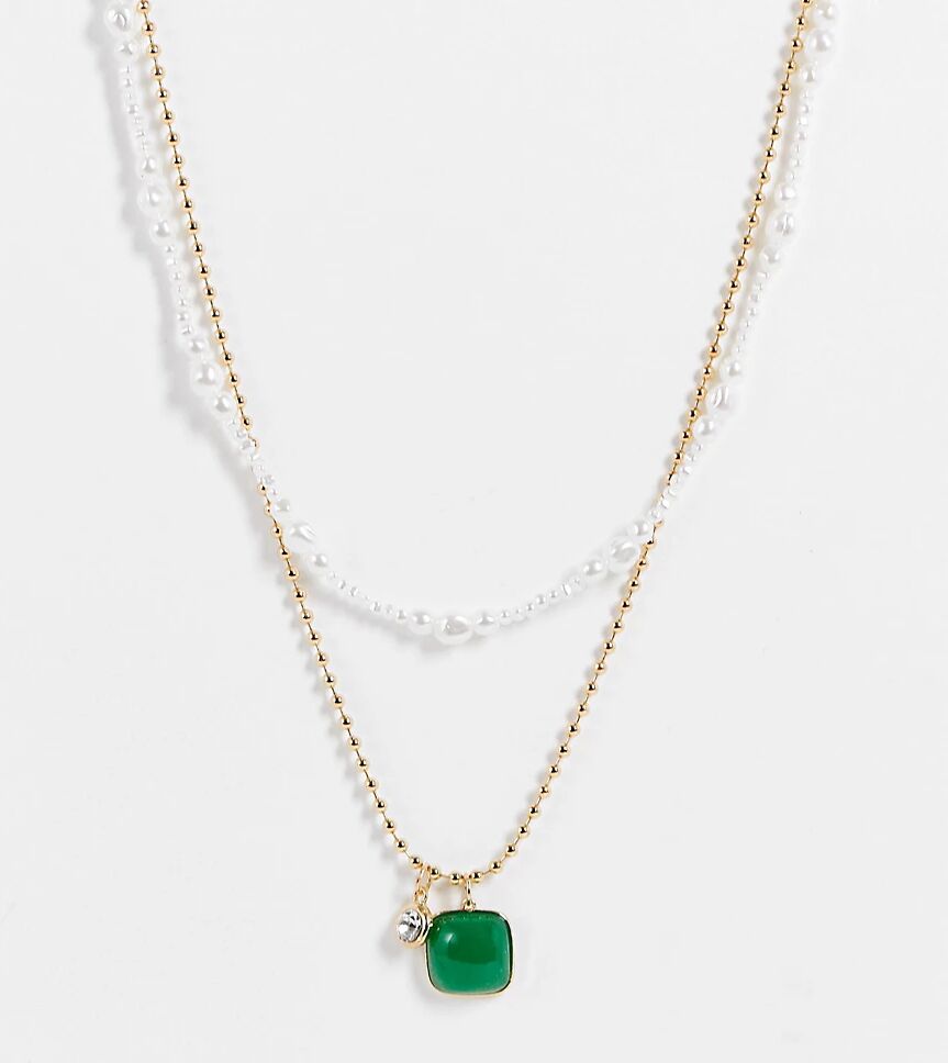 Reclaimed Vintage inspired necklaces with faux pearl chain and emerald stone in gold 2 pack  Gold