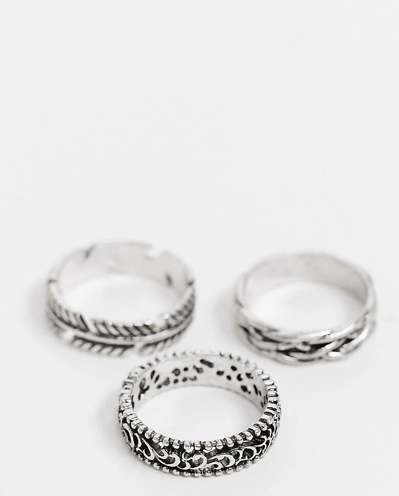 Reclaimed Vintage inspired ring multipack with feather detail in silver  Silver