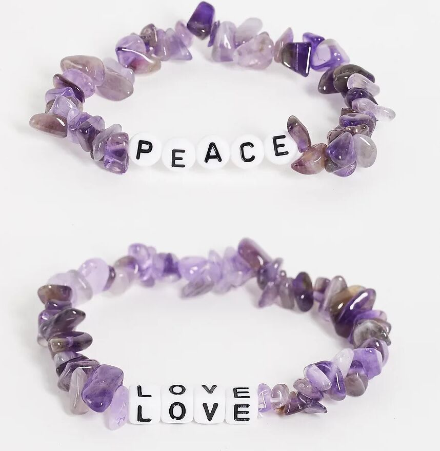 Reclaimed Vintage inspired semi precious amethysts bracelets with peace and love beads 2 pack-Multi  Multi