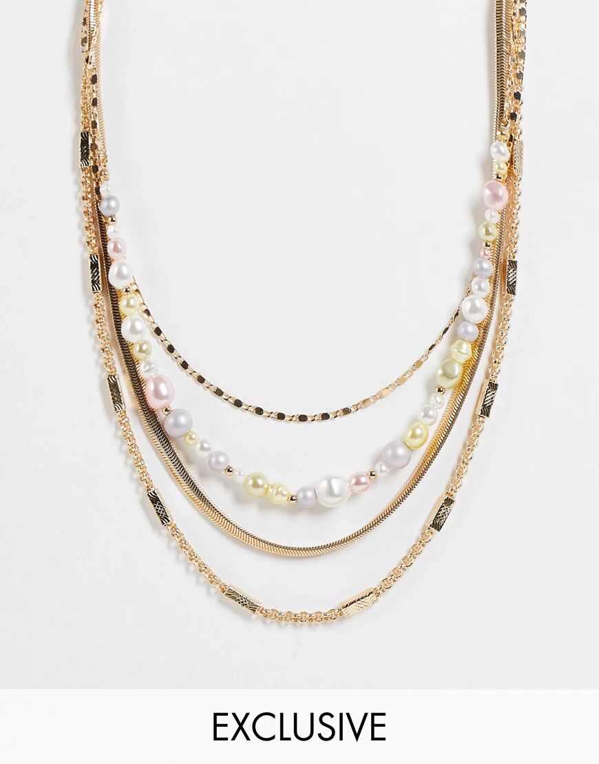 Reclaimed Vintage inspired unisex multirow necklace with pastel faux pearl chain in gold  Multi