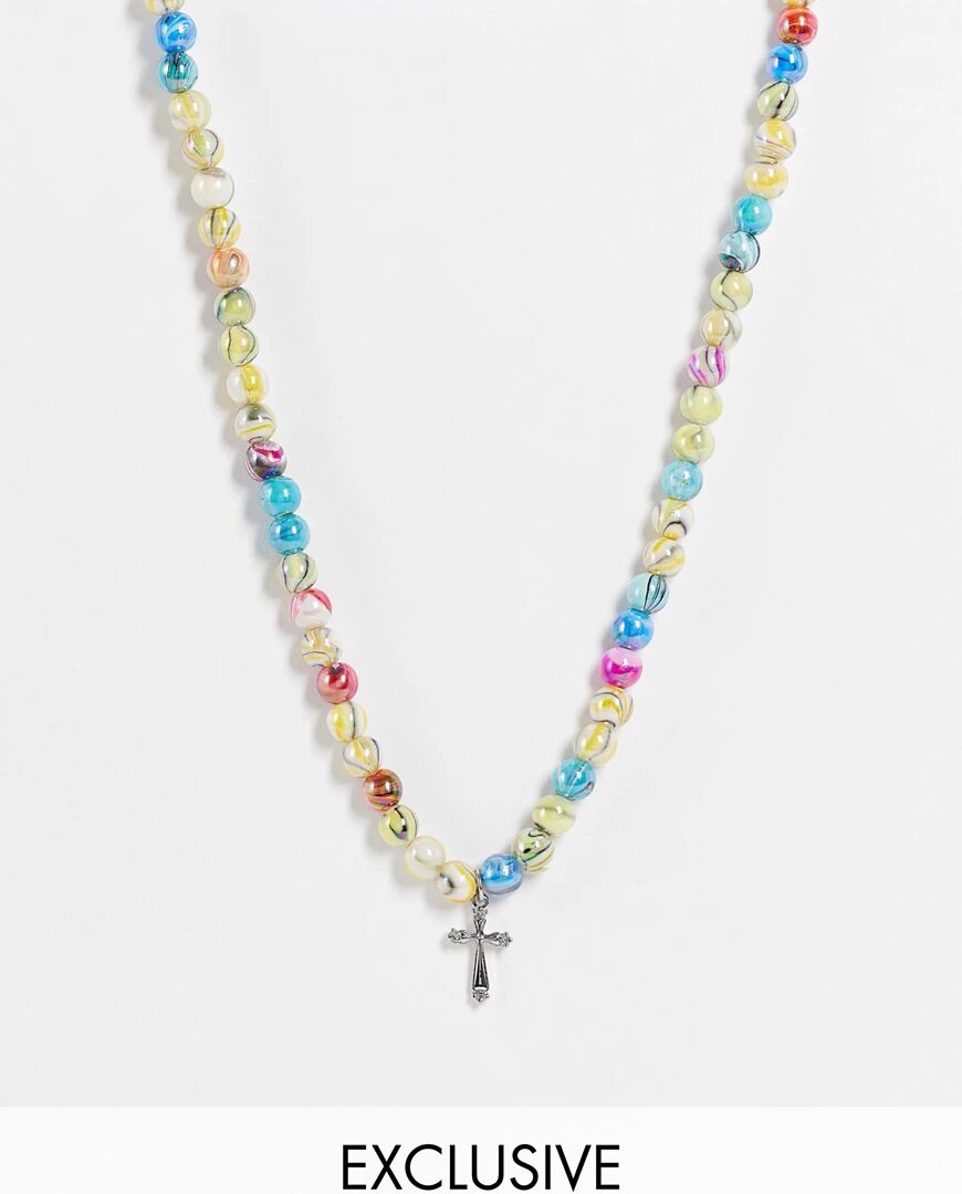 Reclaimed Vintage inspired unisex necklace with cross pendant in 90's fun swirl beads-Multi  Multi