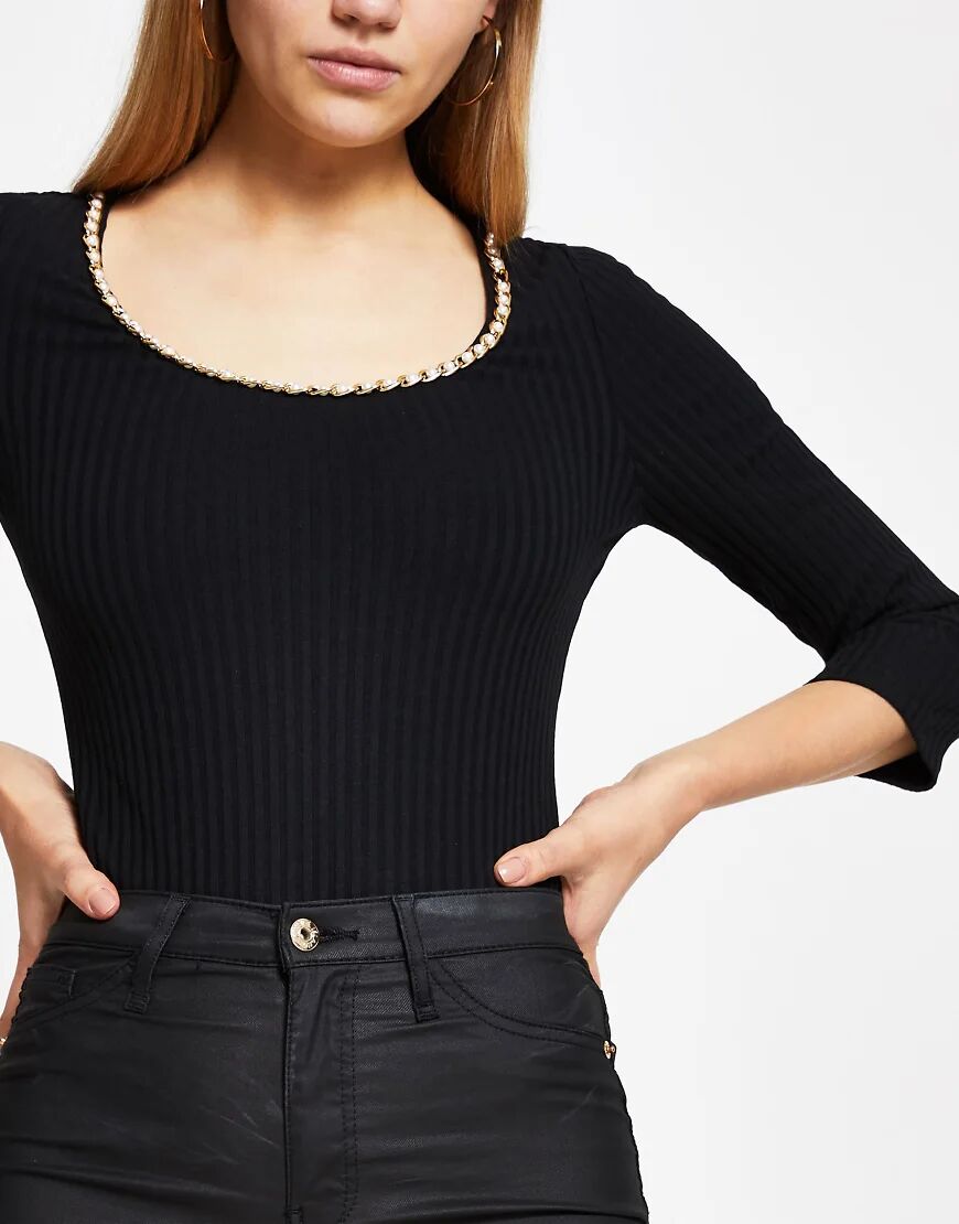 River Island chain front ribbed bodysuit in black  Black