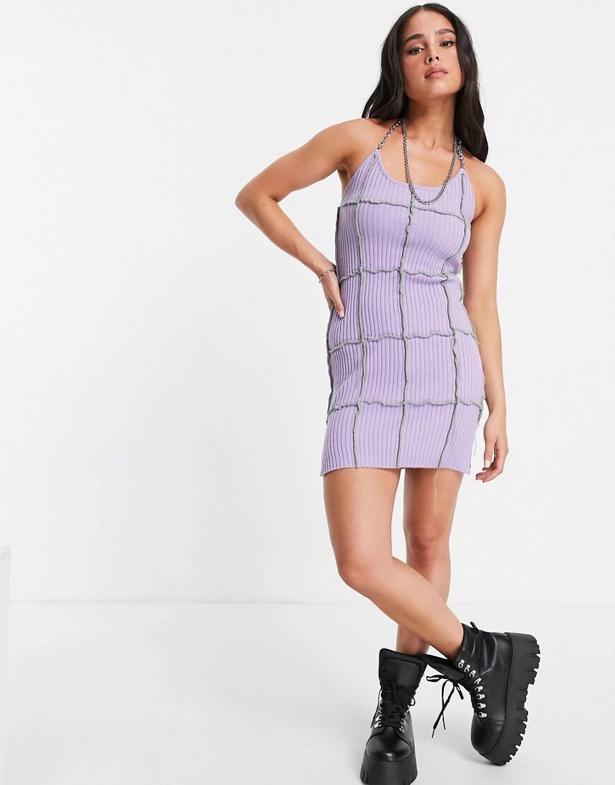 The Ragged Priest mini dress with chain halterneck and exposed seams in rib-Purple  Purple