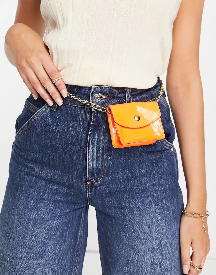 Truffle Collection mini patent belt bag with chain in neon orange  Orange