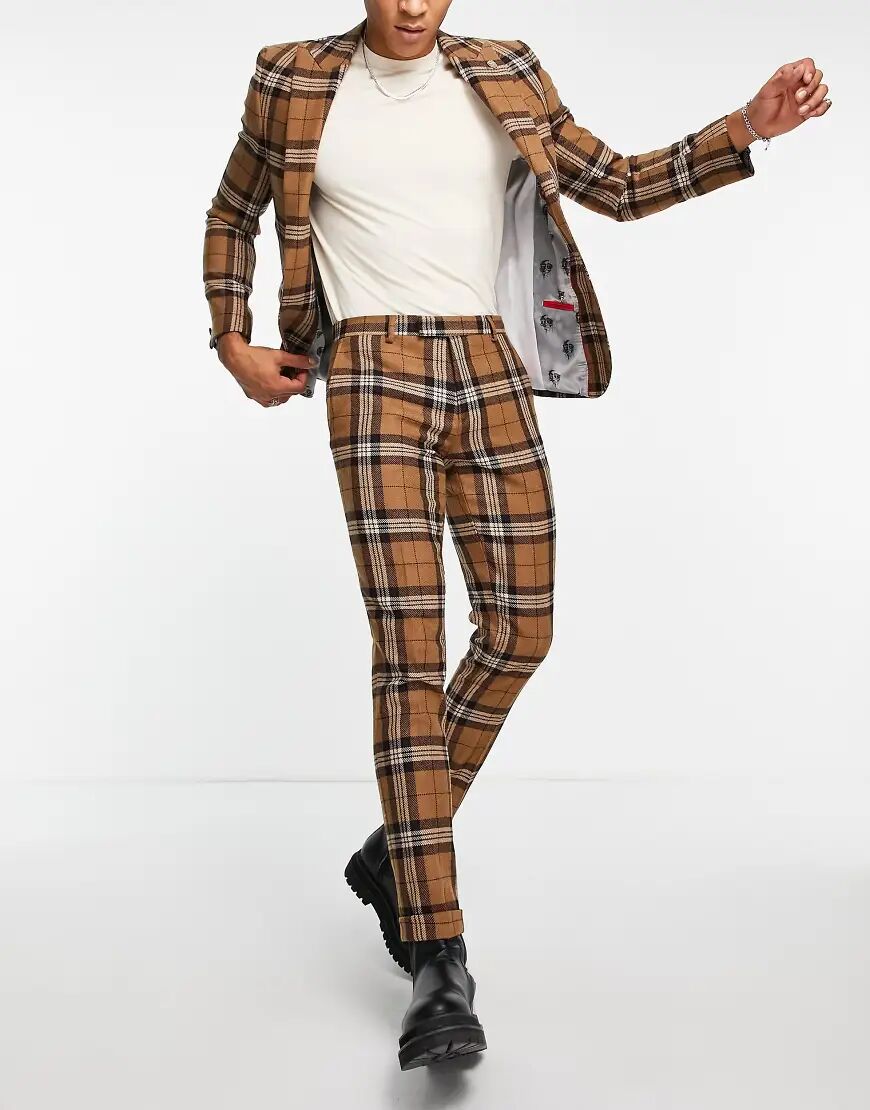 Twisted Tailor suit trousers in brown tartan check with pocket chain detail  Brown