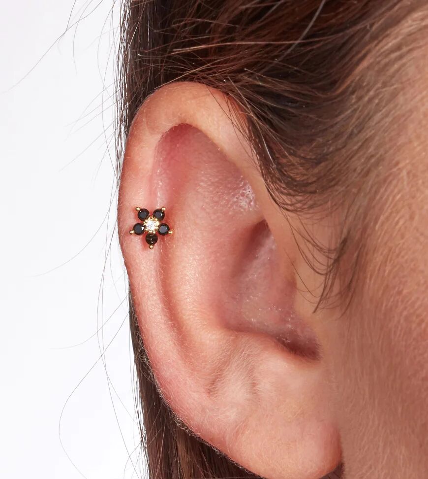 With Bling black crystal 5-petal piercing with 6mm titanium bar in gold plate  Gold