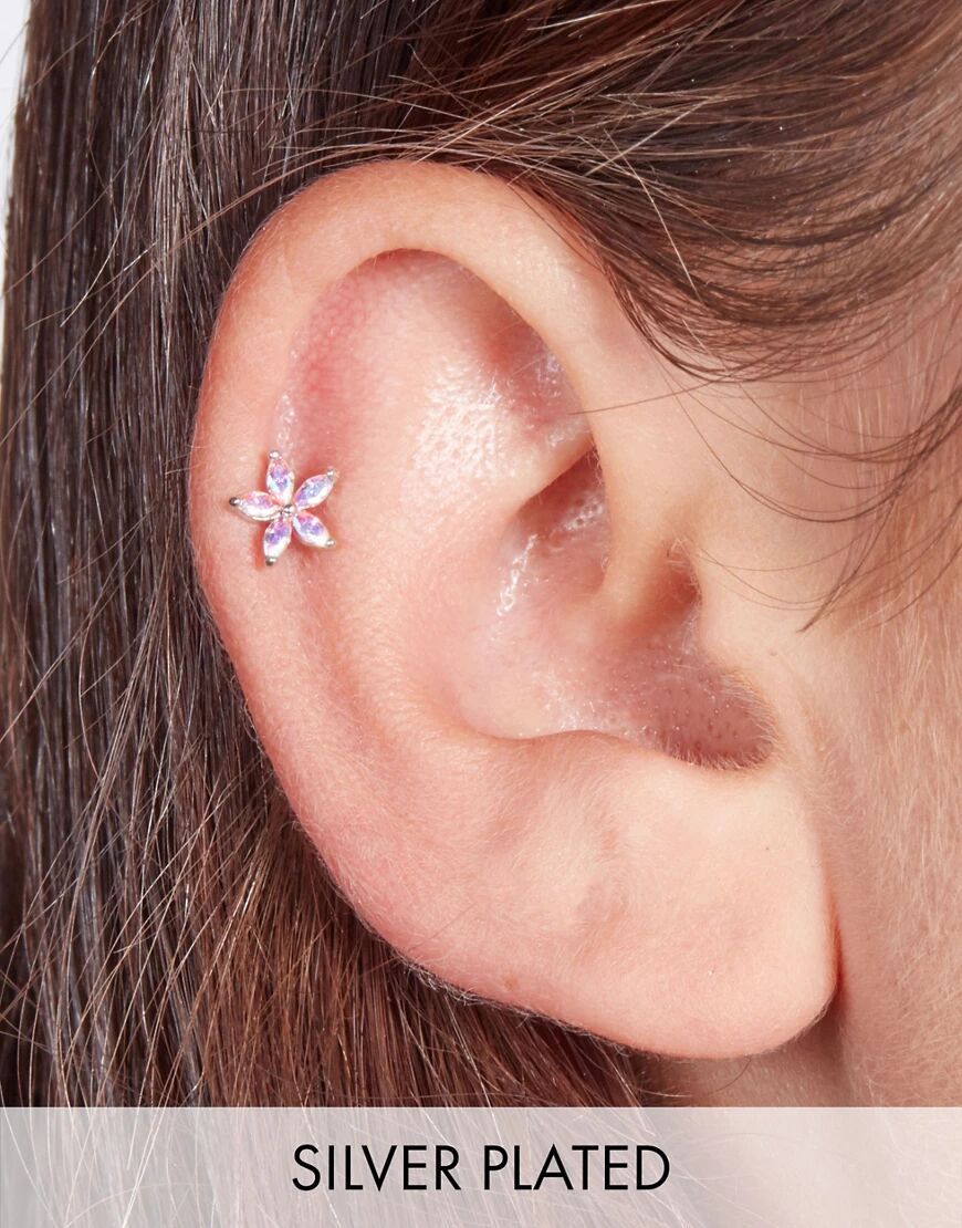 With Bling rainbow crystal flower piercing with 6mm titanium bar in silver plate  Silver