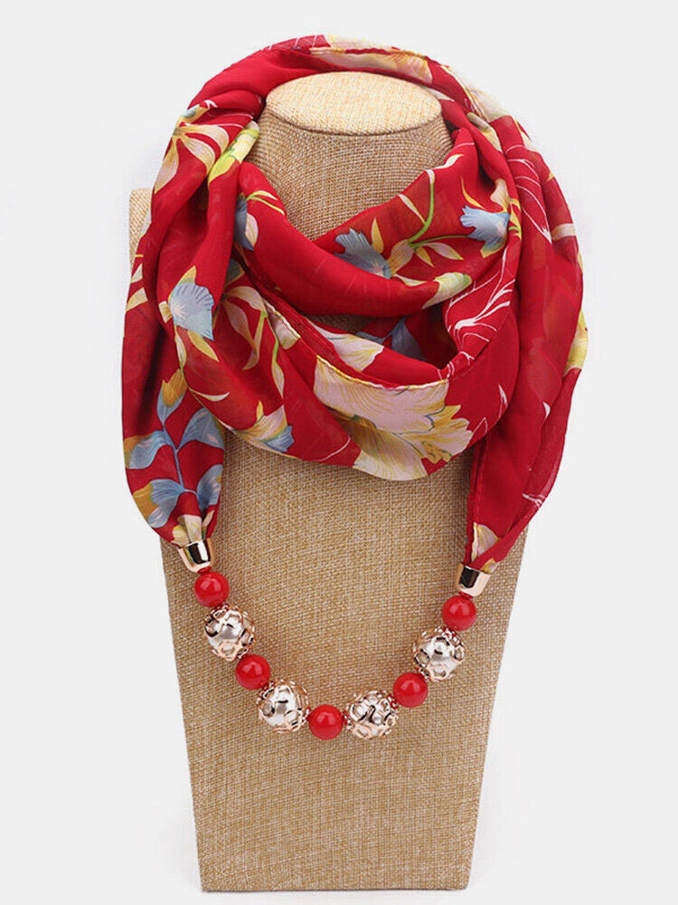 Newchic Bohemian Printed Chiffon Multi-layer Necklace Handmade Beaded Tassel Pendant Scarf Necklace