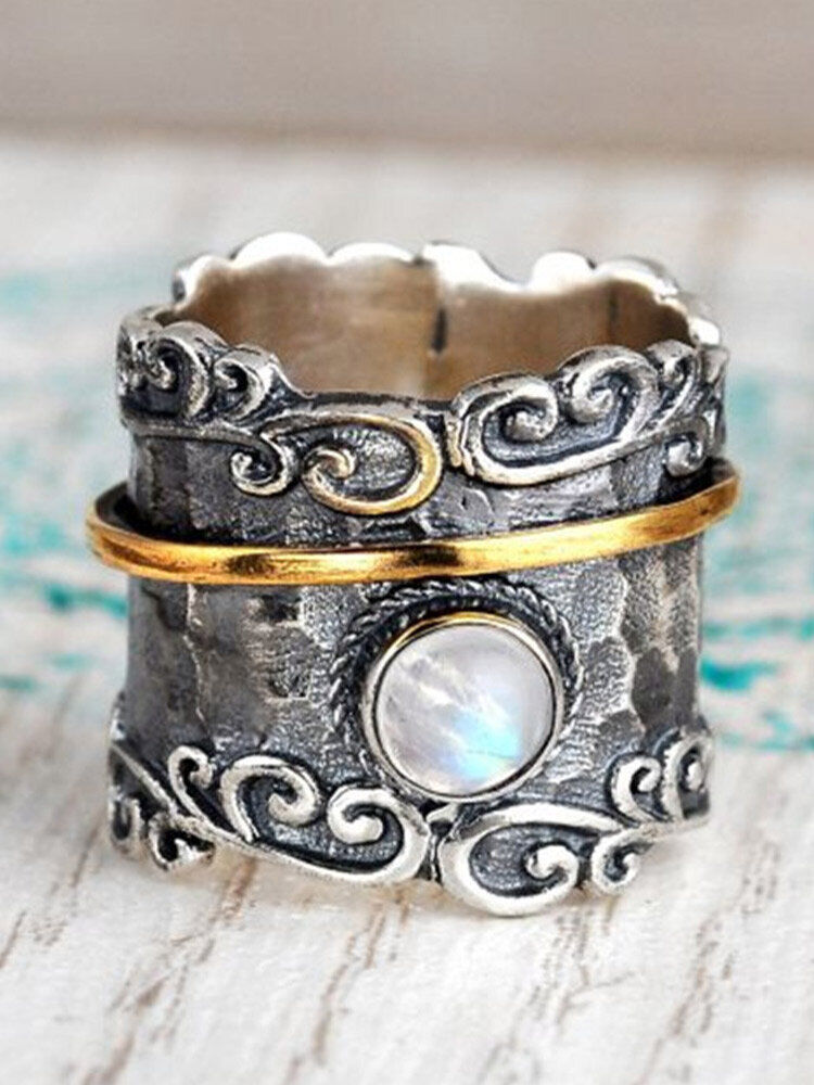 Newchic Vintage Carved Two-tone Pattern Inlaid Moonstone Wide Metal Ring