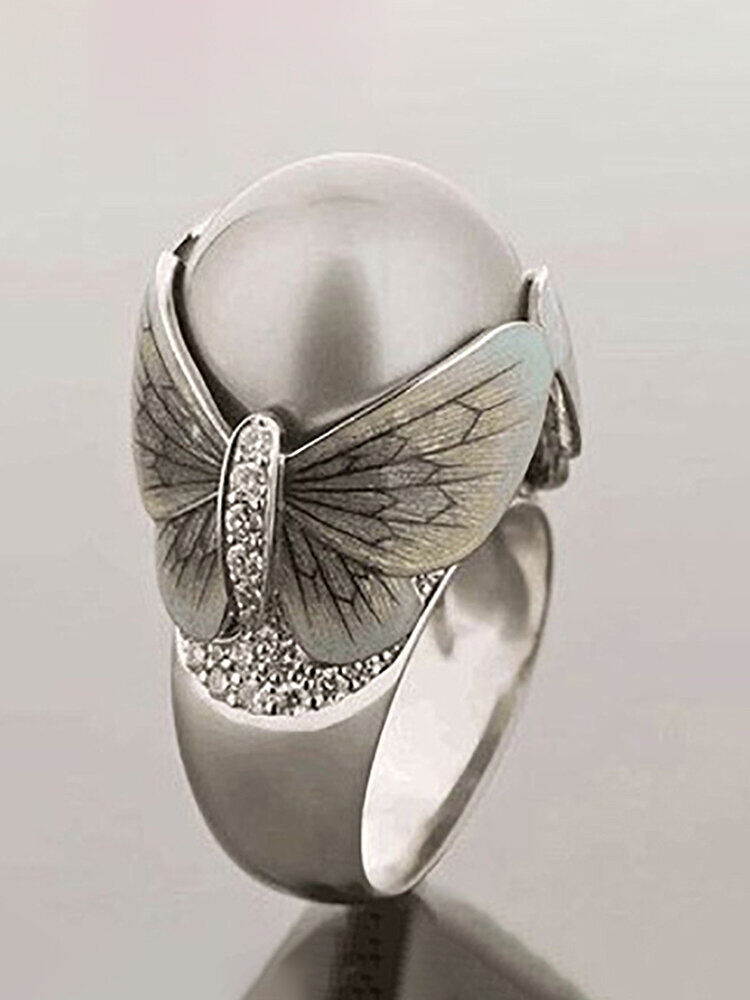 Newchic Vintage Butterfly Ring Pearl Diamonds Inlaid Women Jewlery Gift
