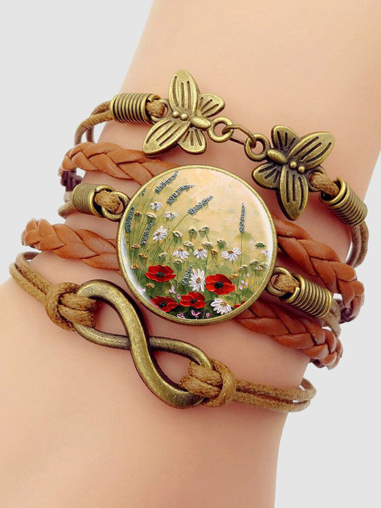 Newchic Vintage Red Floral Dog's Tail Grass Pattern Print Butterfly Braided Gemstone Multi-layer Bracelet