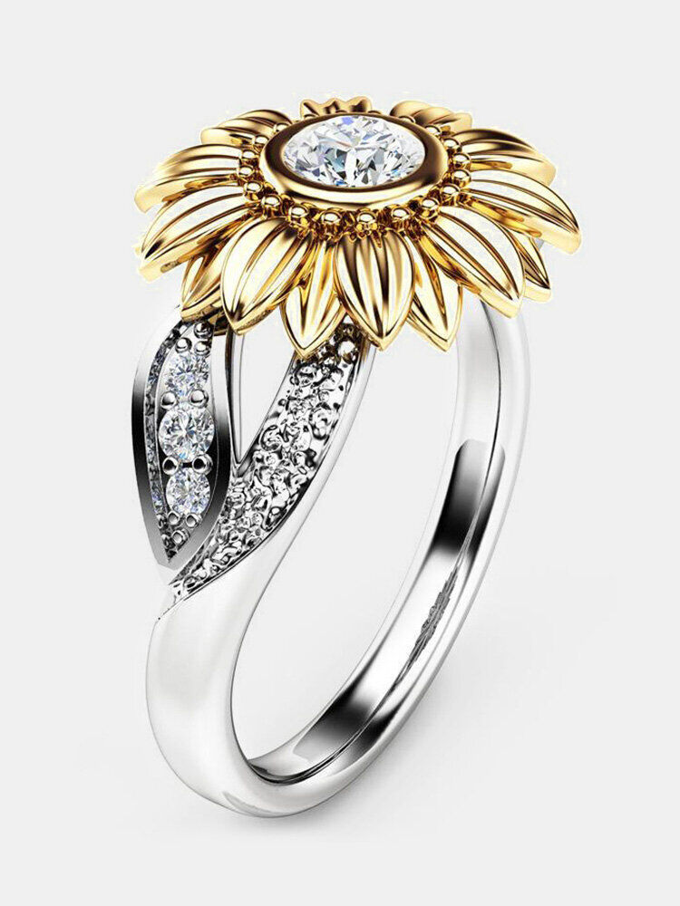 Newchic Elegant Zircon Inlaid Gold Sunflower Leaf Hollow Platinum Ring Gift for Girl Women