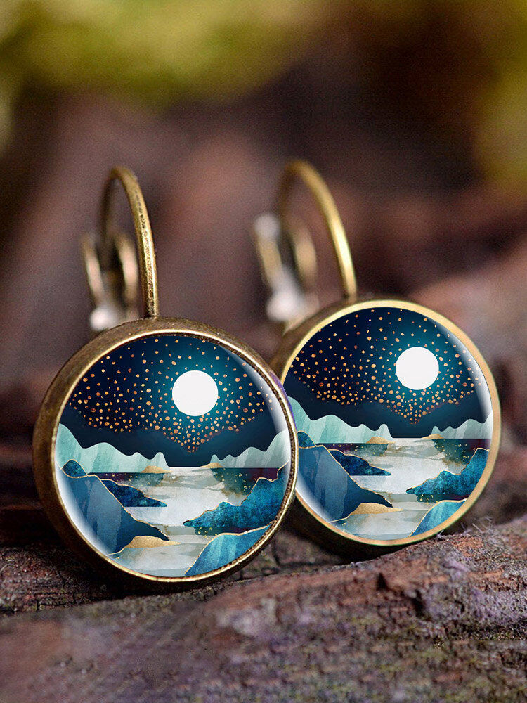 Newchic Trendy Metal Round Natural Landscape Print Glass Pendant Earrings