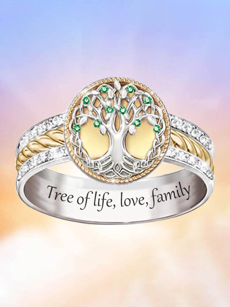 Newchic Vintage Alloy Mother's Day Diamond Two-tone Tree Life Jade Family Ring