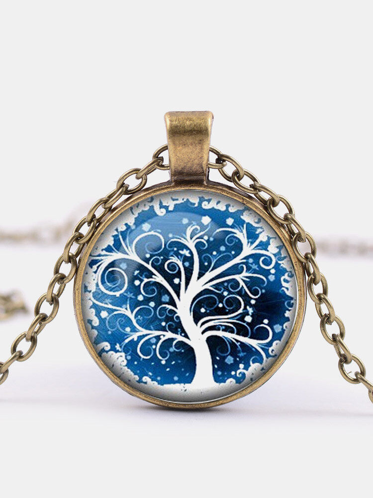 Newchic Vintage Round-shaped Time Gemstone Blue White Life Tree Pattern Pendant Alloy Glass Necklace