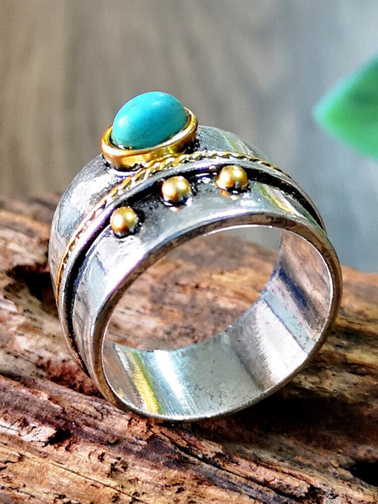 Newchic Vintage 925 Silver Plated Turquoise Mount Women Ring Jewelry Gift