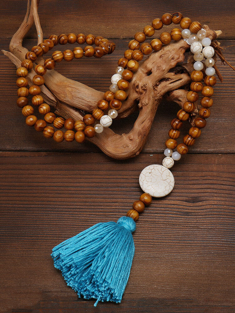 Newchic Bohemian Wooden Beads Tassel Necklace Geometric Heart Star Butterfly Turquoise Pendant Long Necklace