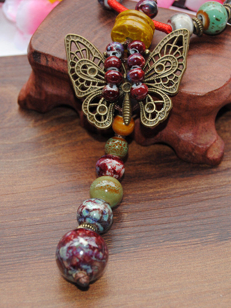 Newchic Vintage Hollow Butterfly Geometric-shaped Mixed Color Beaded Hand-woven Ceramic Copper Long Necklace