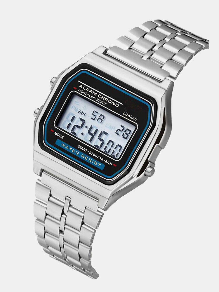 Newchic Fashion Casual 12/24 Hour LED Display Countdown Stopwatch Steel Strap Waterproof Women Digital Watch