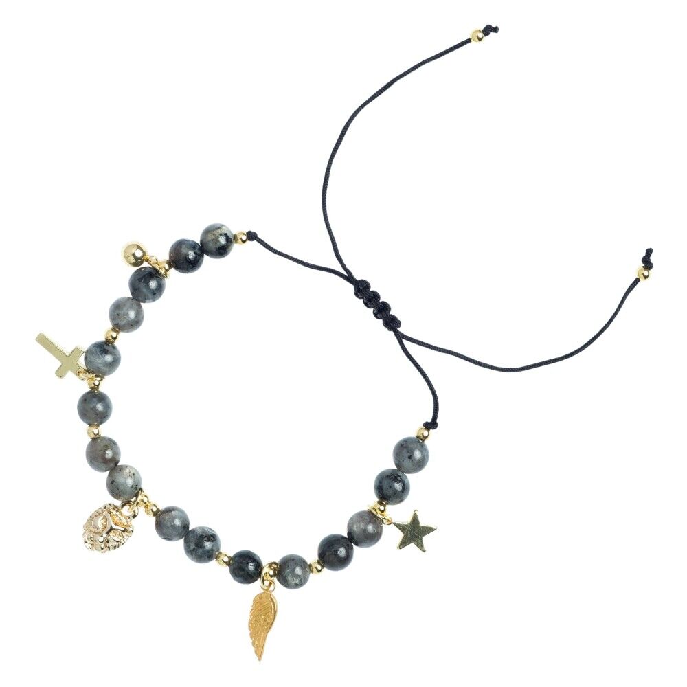 Dark Stone Bead Bracelet 6 MM W/Charms W/Gold Grå Female