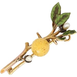 Vintage French 20th Century Enamel Natural Pearl Diamond 18 Karat Gold Lemon Brooch