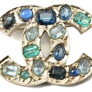 Chanel brooch pin here mark rhinestone blue multi gold