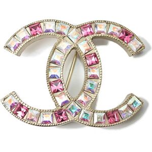 Chanel brooch pin here mark rhinestone pink multi gold