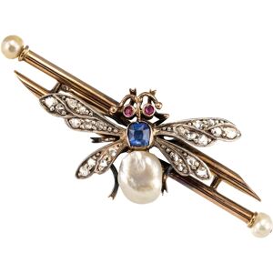 Vintage 19th Century French Natural Pearl Sapphire Diamond Ruby Insect Brooch