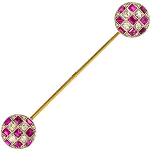 Vintage 1900s Ruby Diamond Yellow Gold Jabot Pin