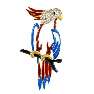 Vintage 1950s Retro Enamel Diamonds 18 Karat Yellow Gold Parrot Brooch