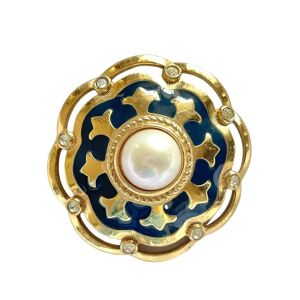 Burberry Vintage faux pearl, crystal stones, and gold and navy tone detailed design brooch