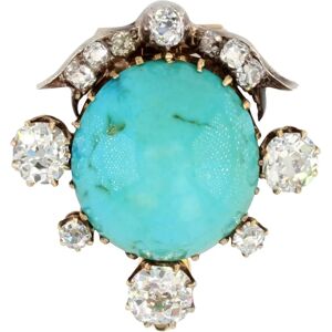 Vintage 19th Century Turquoise Diamonds 18 Karat Yellow Gold Silver Clip Brooch