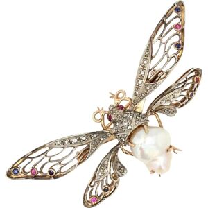 Vintage 1950s Baroque Pearl Sapphires Rubies Yellow Gold Butterfly Articulated Brooch