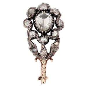 Vintage 18th Century Diamonds 18 Karat Rose Gold Silver Flower Brooch