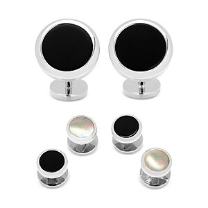 Cufflinks Inc Double Sided Onyx & Mother-of-Pearl Round Stud & Cufflink Set  - Silver - Size: One Sizemale