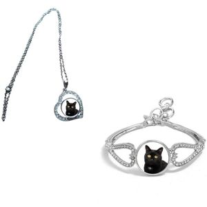 Set Of 2 Black Cat Silver Colour Diamante Bracelet And Necklace With Gift Bag